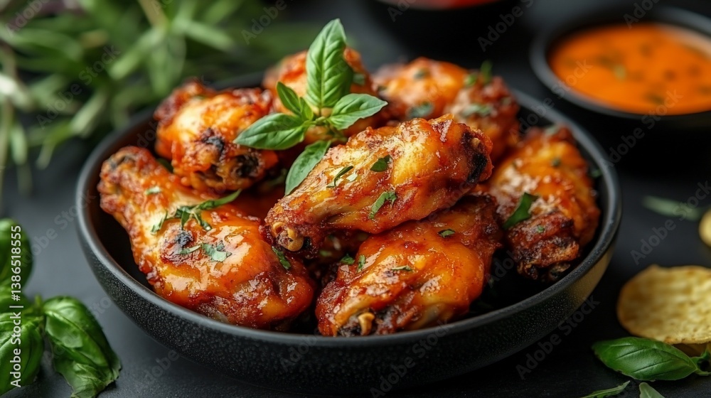 Spicy BBQ chicken wings in bowl with sauce. Spicy BBQ chicken wings in bowl with sauce.