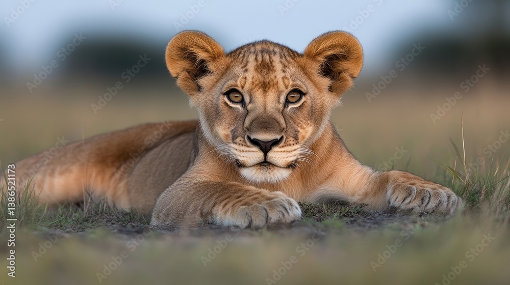 Lion cub, resting in the savanna Lion cub, resting in the savanna