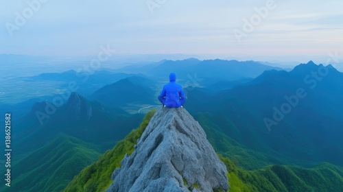 A person in a blue jacket sits on a mountain peak. The composition features a vast, misty mountain range. The image is high-quality with soft, natural light. Its style is serene and peaceful. Cool