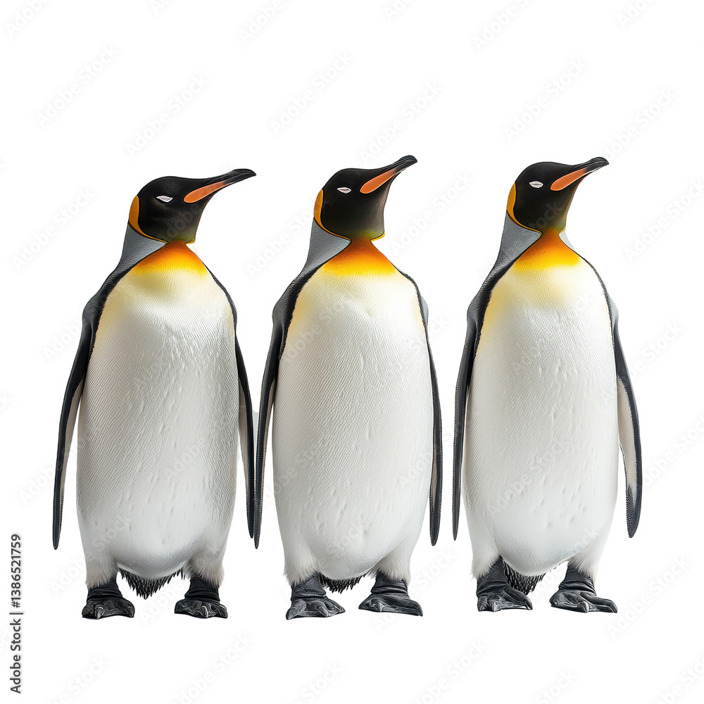 Fototapeta premium Three King Penguins standing together black background wildlife animals birds antarctica isolated on transparent background