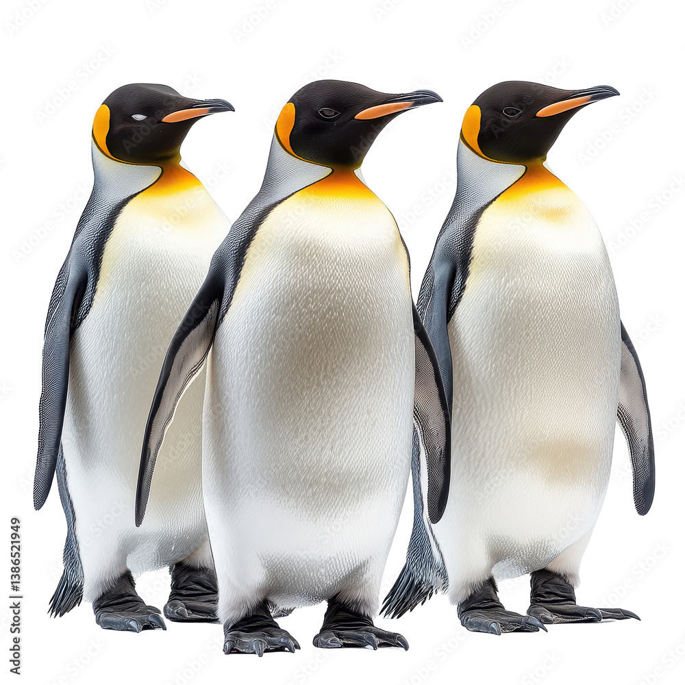 Fototapeta premium Three King Penguins standing together on black background Antarctic wildlife nature isolated on transparent background