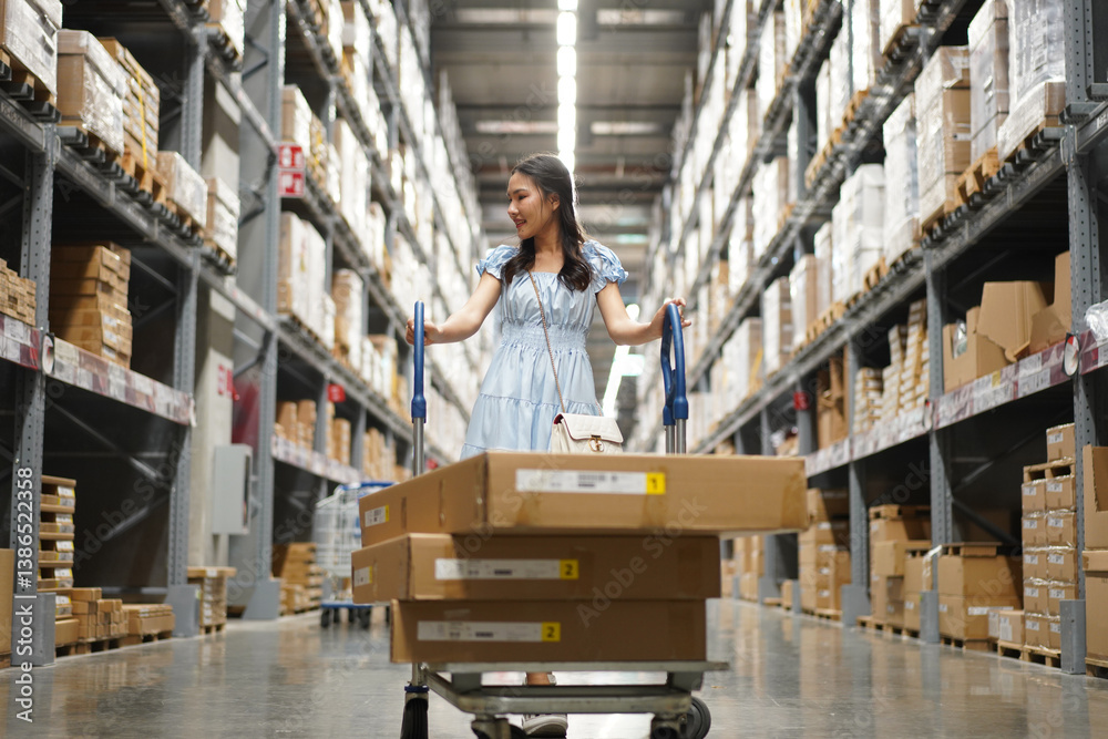 happy shopper with flatbed trolley in warehouse happy shopper with flatbed trolley in warehouse