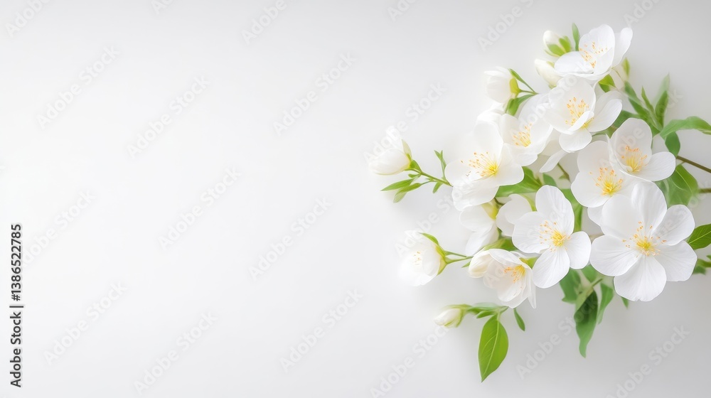 Obraz premium A cluster of delicate white jasmine blossoms with green leaves rests on a white background. The image is well-lit, showcasing the flowers details. The style is minimalist and serene. Soft white tone