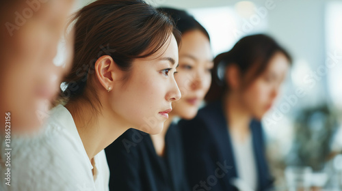 カンファレンス、セミナーまたはミーティングで真剣な表情で傾聴するオフィスカジュアルな装いの30代, 40代のアジア人女性