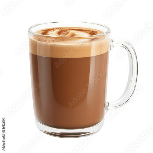 Exquisite glass of hot chocolate latte topped with fluffy whipped cream and cocoa powder for a cozy winter beverage isolated on transparent background..
