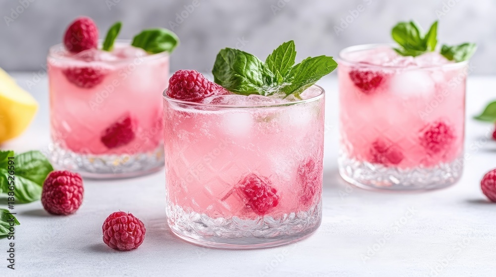 Three glasses of pink raspberry lemonade sit on a white surface. Each glass contains ice, raspberries, and mint. The background is blurred, showing a hint of grey. The image is high-quality, well-li Three glasses of pink raspberry lemonade sit on a white surface. Each glass contains ice, raspberries, and mint. The background is blurred, showing a hint of grey. The image is high-quality, well-li