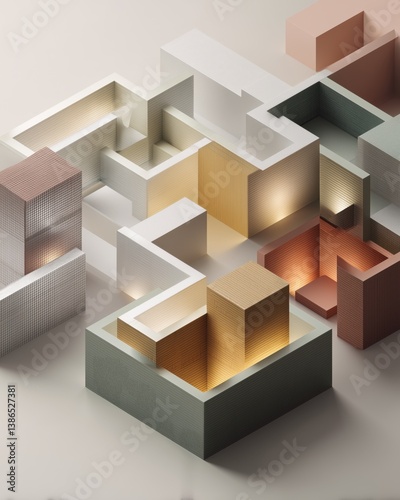 Soft 3D architectural blocks rendered in pastel hues forming an abstract modern layout with layered minimal depth.