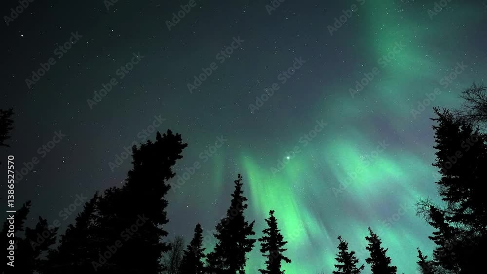 Aurora Pulsating Overhead with airplane passing by, 15 seconds