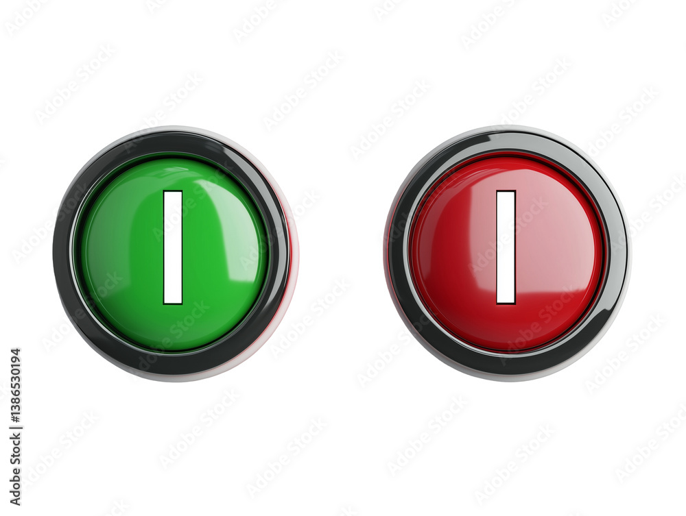 Circular green and red buttons representing power symbols for devices, showcasing on and off states in vibrant design, png file isolate on transparent background, cut out, close up, high quality. Circular green and red buttons representing power symbols for devices, showcasing on and off states in vibrant design, png file isolate on transparent background, cut out, close up, high quality.