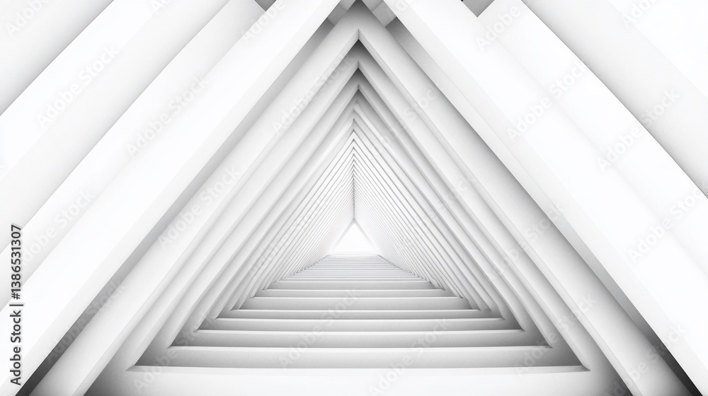 Fototapeta premium White triangular tunnel perspective, architectural, geometric, glowing light