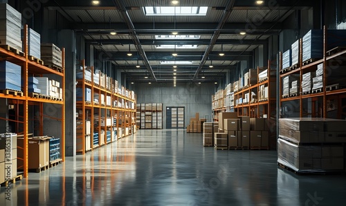 Futuristic automated warehouse with high racks and precision storage solutions  showcasing innovation in supply chain  inventory  and industrial automation 