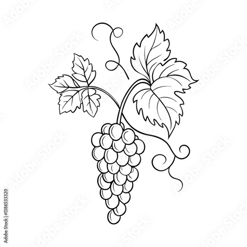 Single black ink line-art vector of a grapevine icon with leaves and tendrils, minimalist and elegant design for various applications.​

