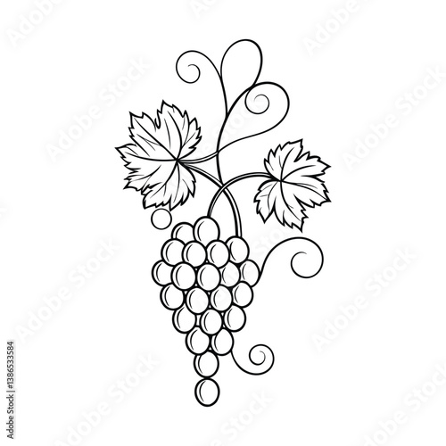 Single black ink line-art vector of a grapevine icon with leaves and tendrils, minimalist and elegant design for various applications.​

