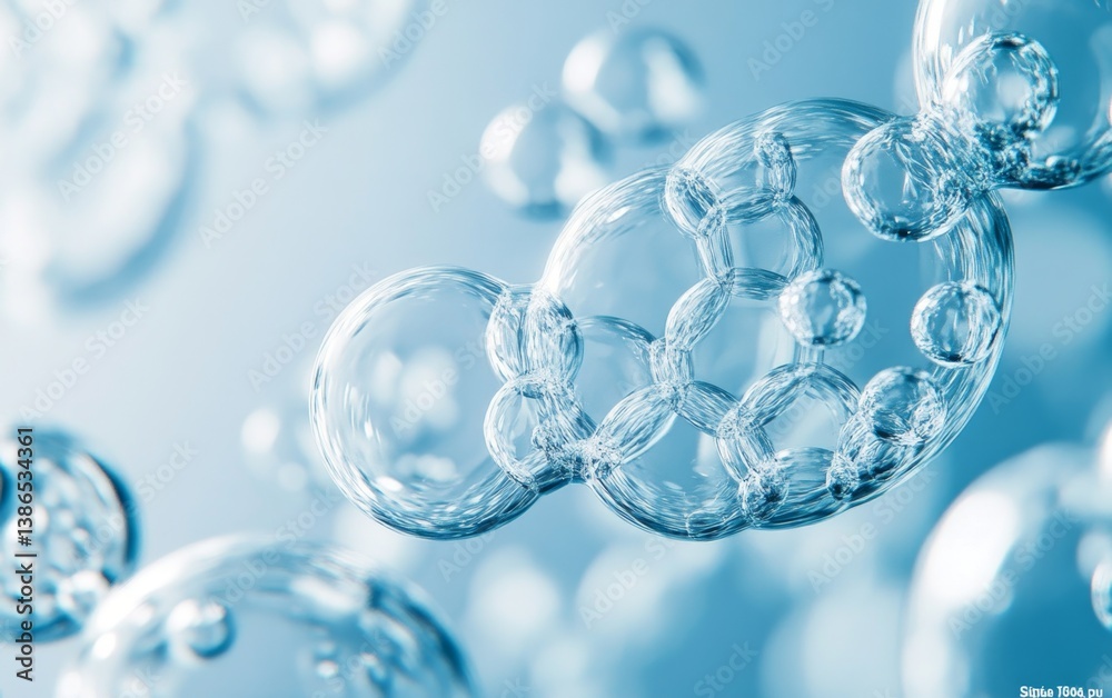 Abstract close-up of many soap bubbles, light blue background, scientific study Abstract close-up of many soap bubbles, light blue background, scientific study