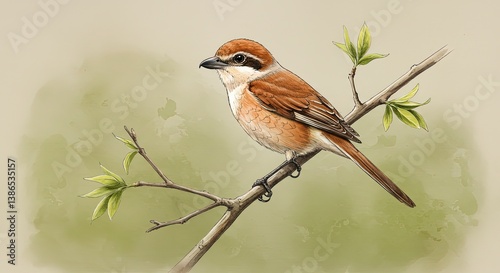 Brown Shrike Bird Perched on Branch Detailed Watercolor Illustration Side View