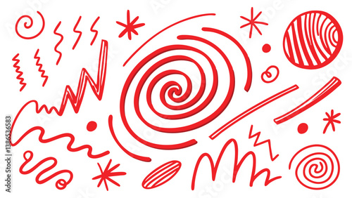Red heart pattern on white background with festive and love-themed design elements. Marker red pen highlights squiggle stroke. Vector swoosh brush