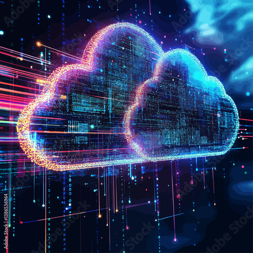 Digital Cloud Network Technology with Data Stream Lines on Blue Background