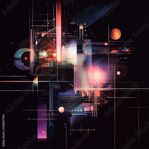 Abstract neon cityscape with geometric shapes and dynamic light streaks