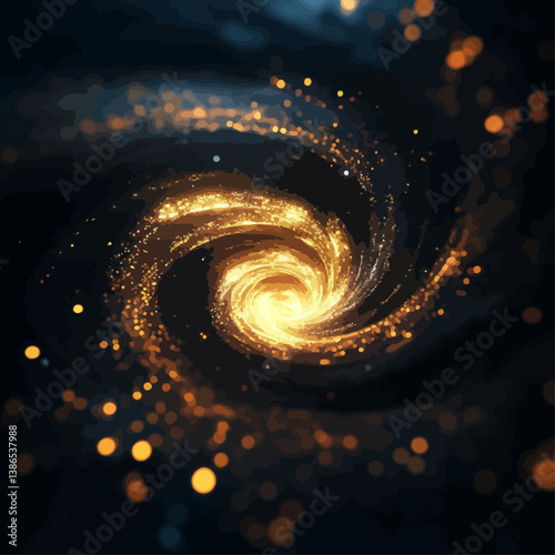 Golden Glowing Swirl Nebula in Dark Space