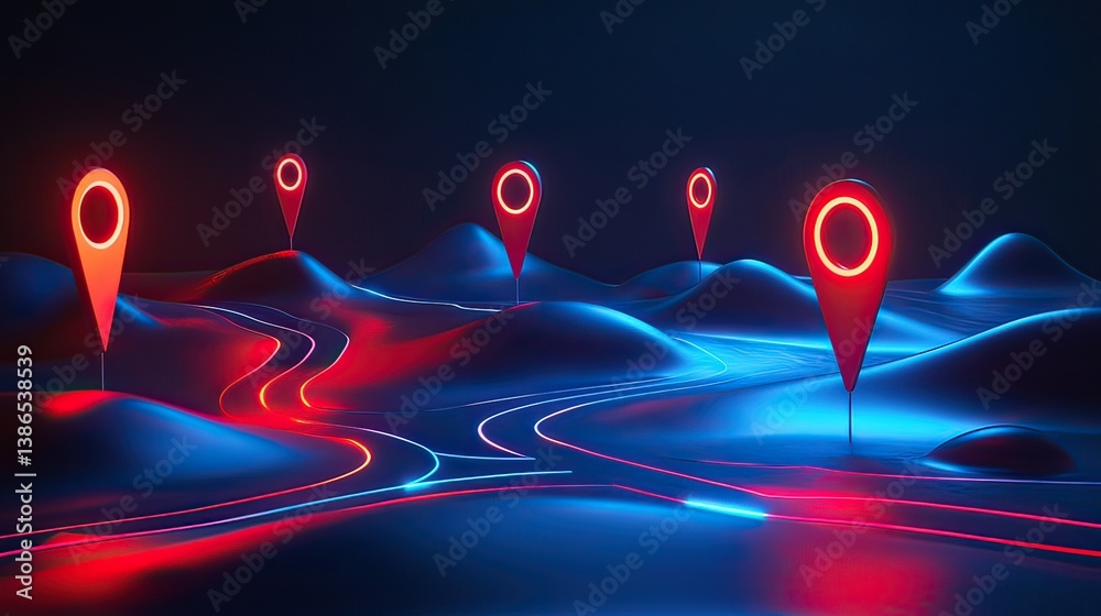 Navigating futuristic landscapes digital markers in neon terrain Navigating futuristic landscapes digital markers in neon terrain