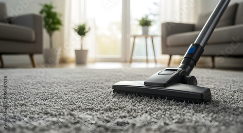 Wallpaper Mural Vacuuming Grey Carpet in Bright Living Room with Gray Furniture and Modern Design Torontodigital.ca