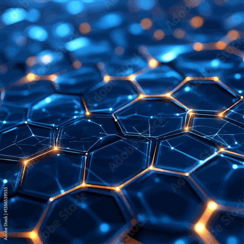 Abstract honeycomb structure with interconnected nodes and glowing connections.