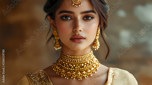 Regal Beauty: An enchanting portrait of a woman adorned in exquisite gold jewelry, radiating elegance and poise. She embodies traditional beauty.