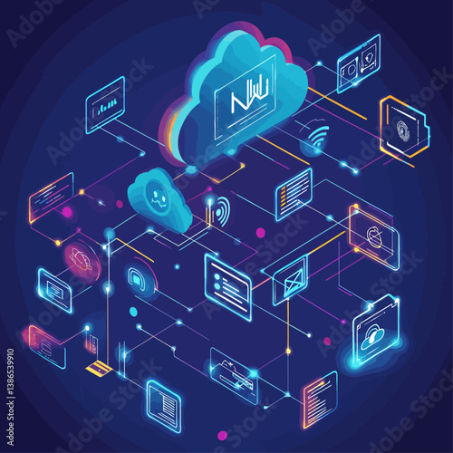 Cloud computing and data flow isometric diagram on blue background