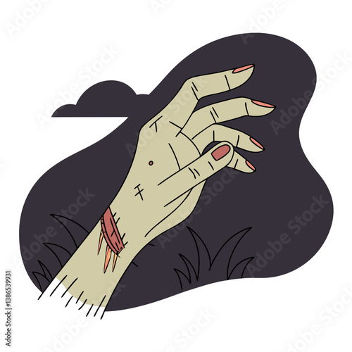 Zombie Hand Reaching Out Against Dark Background  