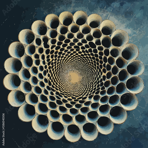 Abstract Tunnel of Cardboard Tubes on Textured Blue Background
