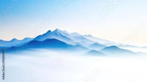Wallpaper Mural Misty mountain range, serene landscape. Soft, pastel colors, evoke a sense of peace and tranquility.  A hazy, ethereal atmosphere. Mountain peaks rise above a sea of clouds Torontodigital.ca