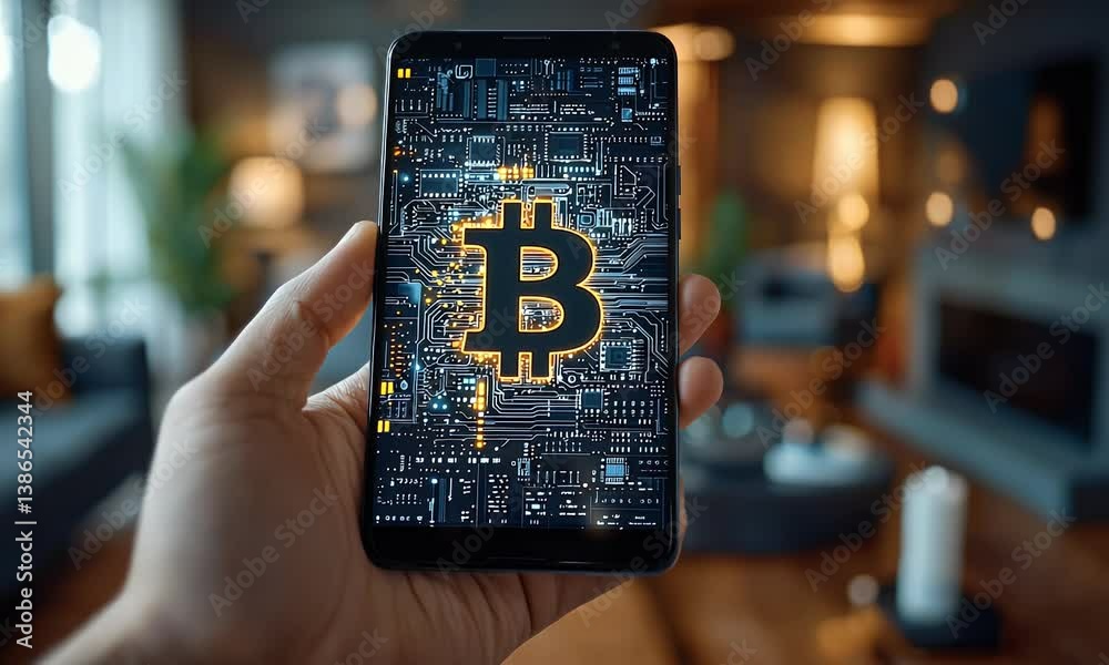 Hand holding smartphone displaying a digital currency on a circuit board, with a cozy home environment in the soft focus background