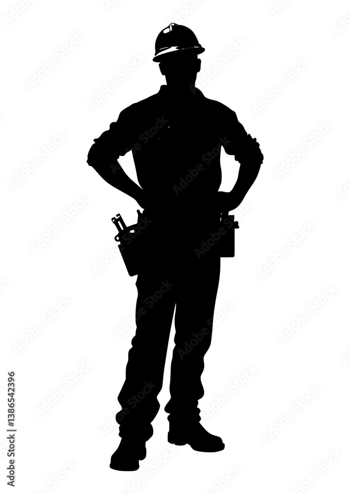 Construction worker silhouette standing confidently against white background. Vector cutting file. 