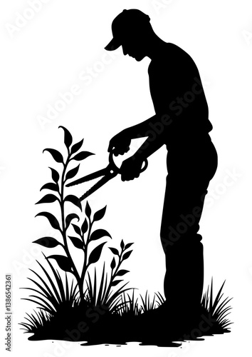 Gardener Pruning Plants Silhouette in Nature Background. Vector cutting file. 