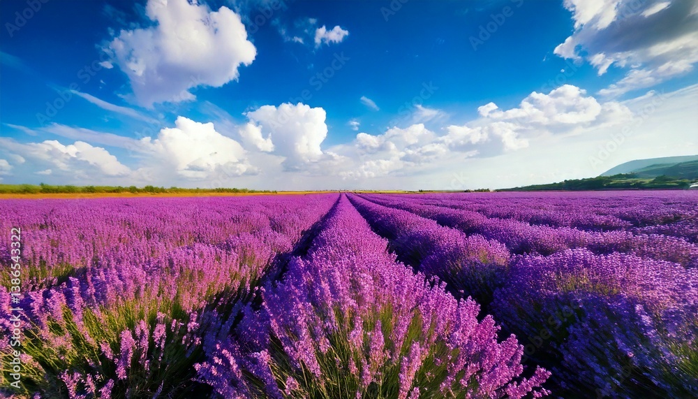 Obraz premium Vast lavender flower field with bright blue sky and white clouds.