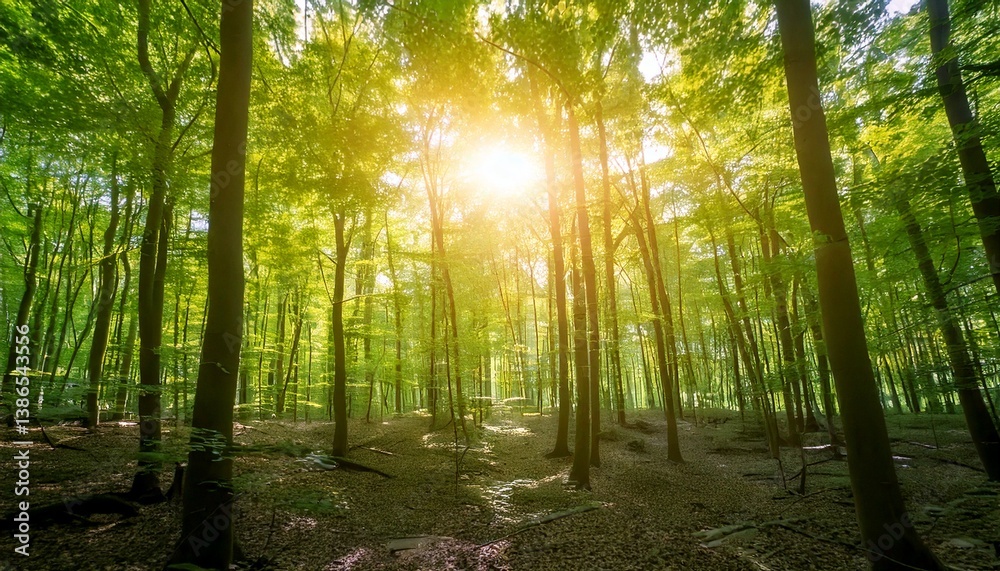 Obraz premium Dense forest with sunlight filtering through the leaves.