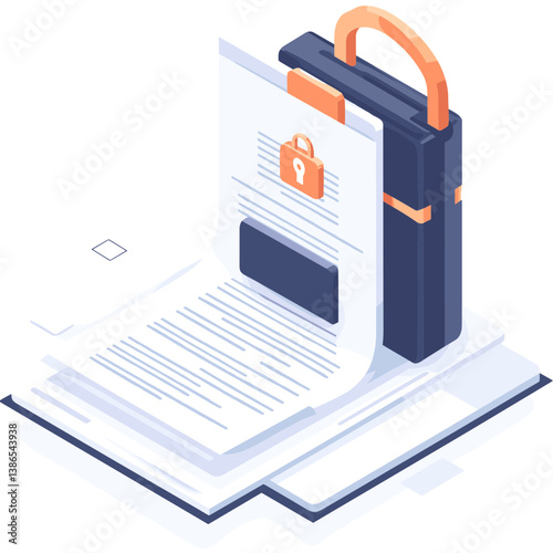 Isometric Illustration of Secure Data Protection with Padlock on Documents