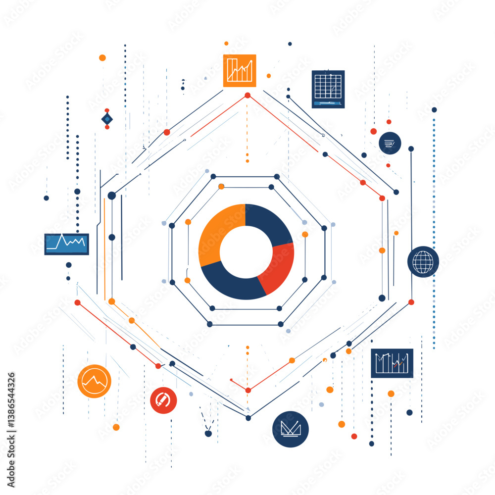 Obraz premium Abstract Data Analysis Network Visualization with Hexagon Structure and Color-Coded Charts