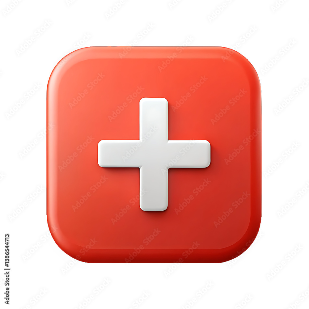 Obraz premium A glossy red square button featuring a white plus icon, designed for use in digital applications and calculators. 