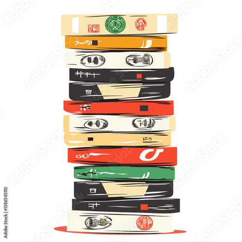 Tall Stack of Colorful Vintage Cassette Tapes