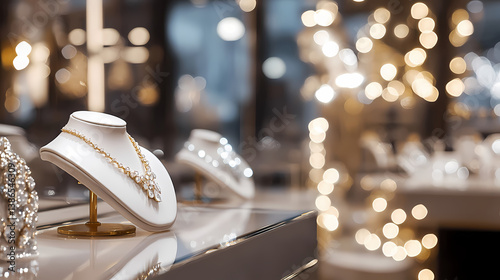 Jewelry Display: Luxurious jewelry showcased with radiant brilliance, a sparkling necklace adorns a display stand, captivating with its elegant design and shimmering details, exuding wealth.