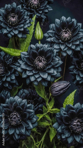 Dark gothic texture of blooming black flowers.