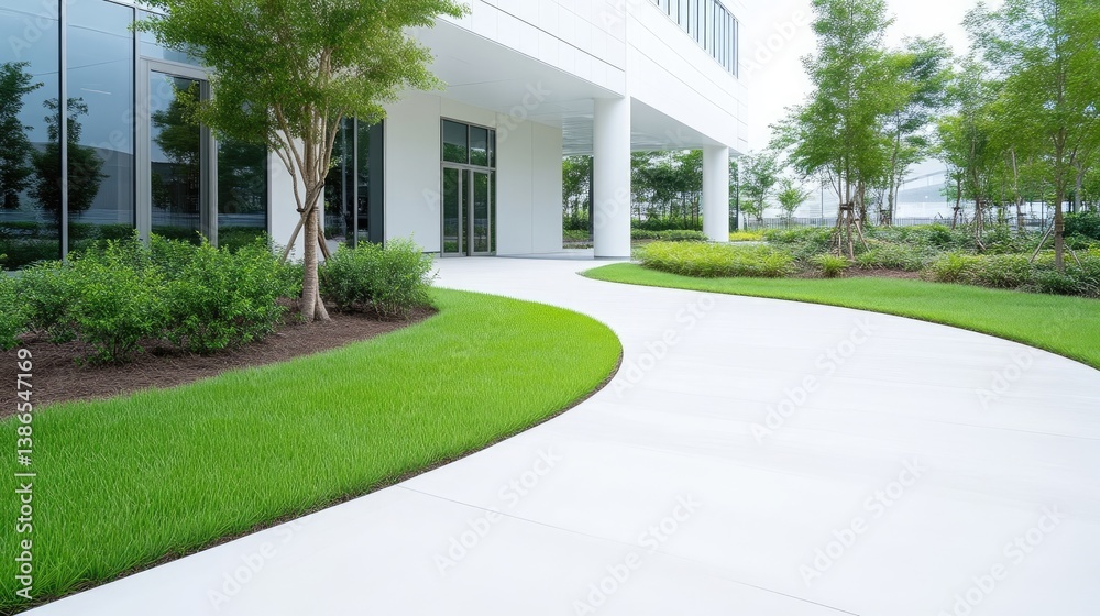 A curving concrete pathway winds through a landscaped area outside a modern white building. Well-maintained grass and shrubs border the path. The building features large windows and a simple design. A curving concrete pathway winds through a landscaped area outside a modern white building. Well-maintained grass and shrubs border the path. The building features large windows and a simple design.