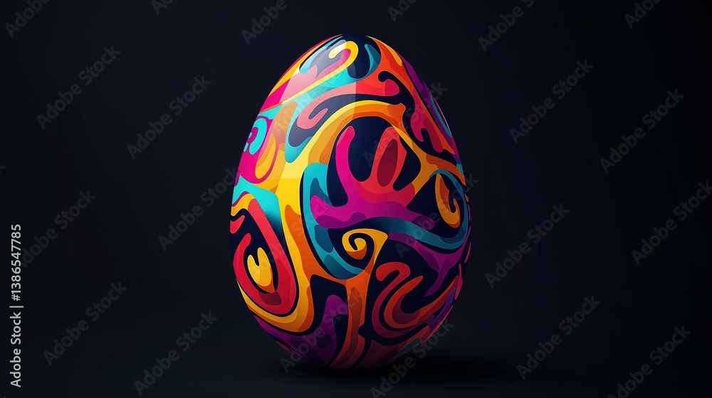 Fototapeta premium Easter's Bold and Dynamic Statement: A Single Egg with Vivid, Abstract Swirls of Color on a Dark Background, Embodying Festive Creativity