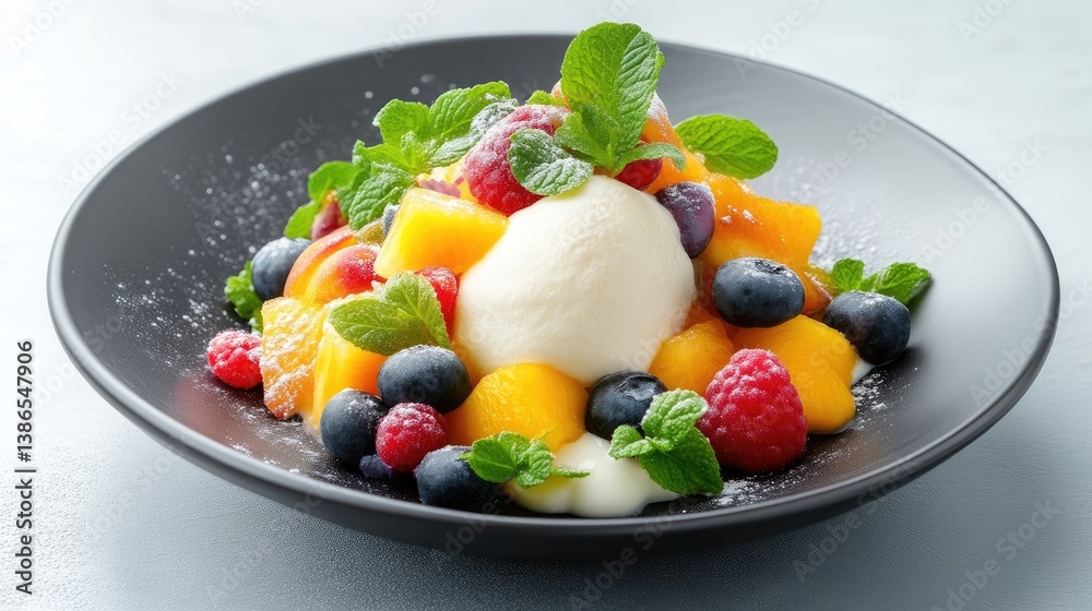 Fresh fruit and ice cream dessert. A colorful medley of peach, mango, raspberries, blueberries, and mint leaves topped with a scoop of vanilla ice cream. Fresh fruit and ice cream dessert. A colorful medley of peach, mango, raspberries, blueberries, and mint leaves topped with a scoop of vanilla ice cream.