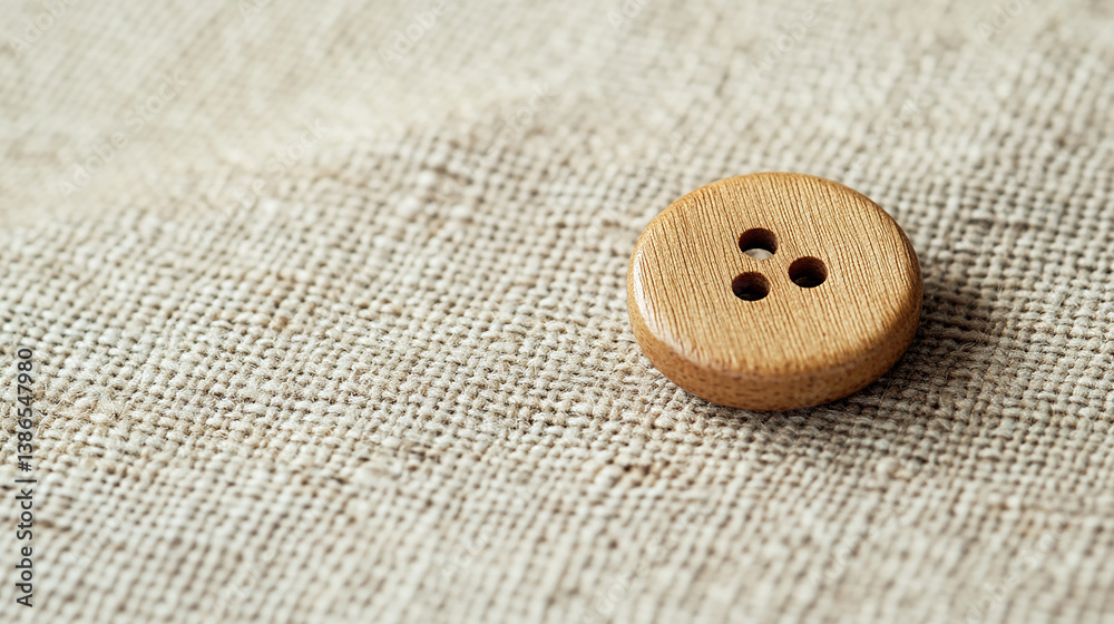Small wooden button centered on a light canvas surfa Small wooden button centered on a light canvas surfa
