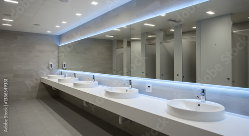 Modern Public Bathroom with Multiple White Sinks and Large Mirror with Lighting in Commercial Building photo
