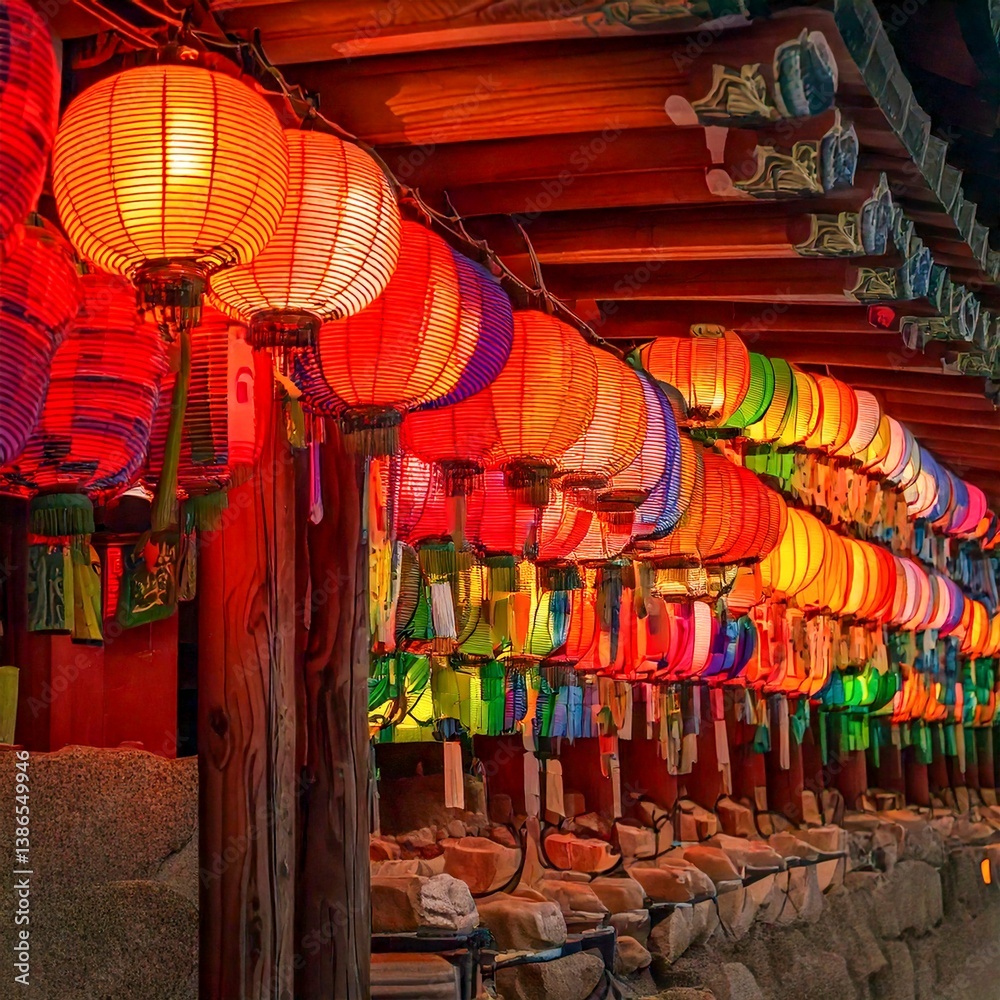 Naklejka premium 부처님 오신날,연등이 걸려있는 절의 모습