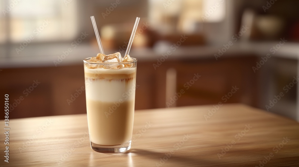 A glass of iced coffee with milk and a straw on a wooden table. Featuring refreshment and relaxation A glass of iced coffee with milk and a straw on a wooden table. Featuring refreshment and relaxation