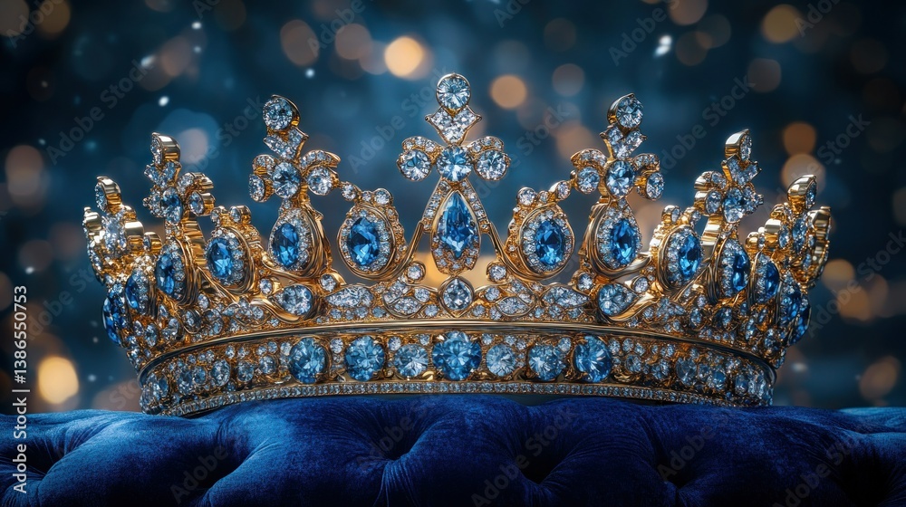 Fototapeta premium Regal crown of dazzling gemstones resting on a luxurious velvet throne